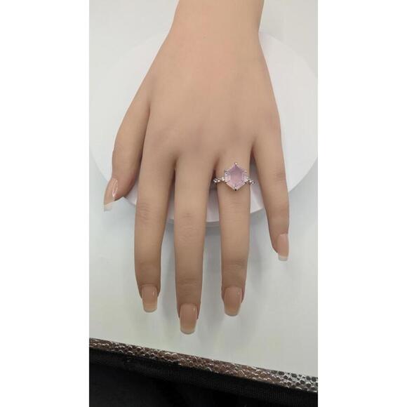 Silver Ring with Hexagonal Pink Gemstone and Decorative Side Stones Size 7 - Picture 6 of 8